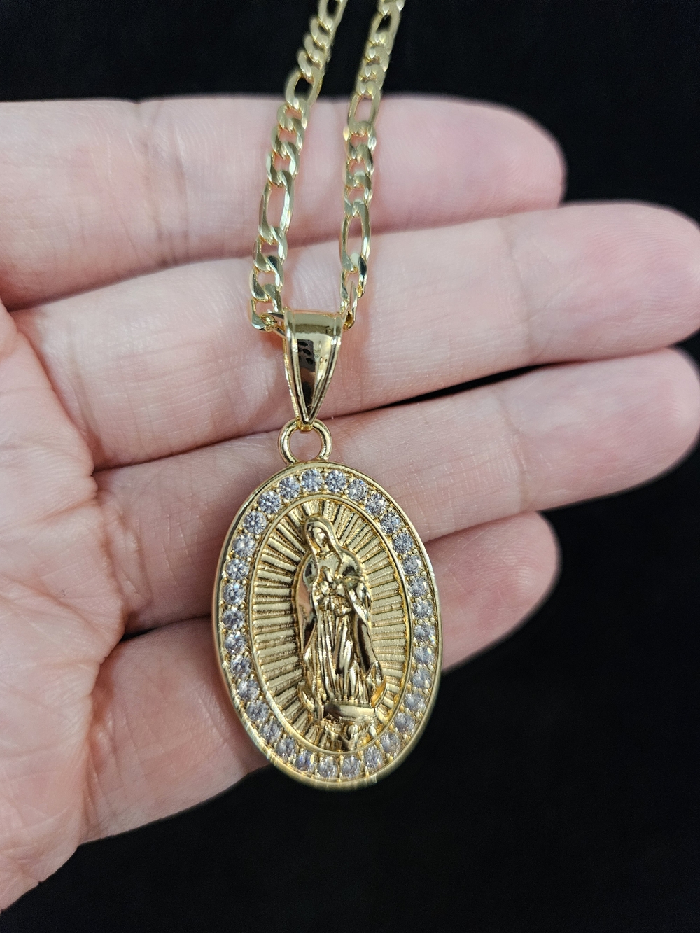 Gold Plated Virgin Mary Medallion Necklace with Crystal Halo